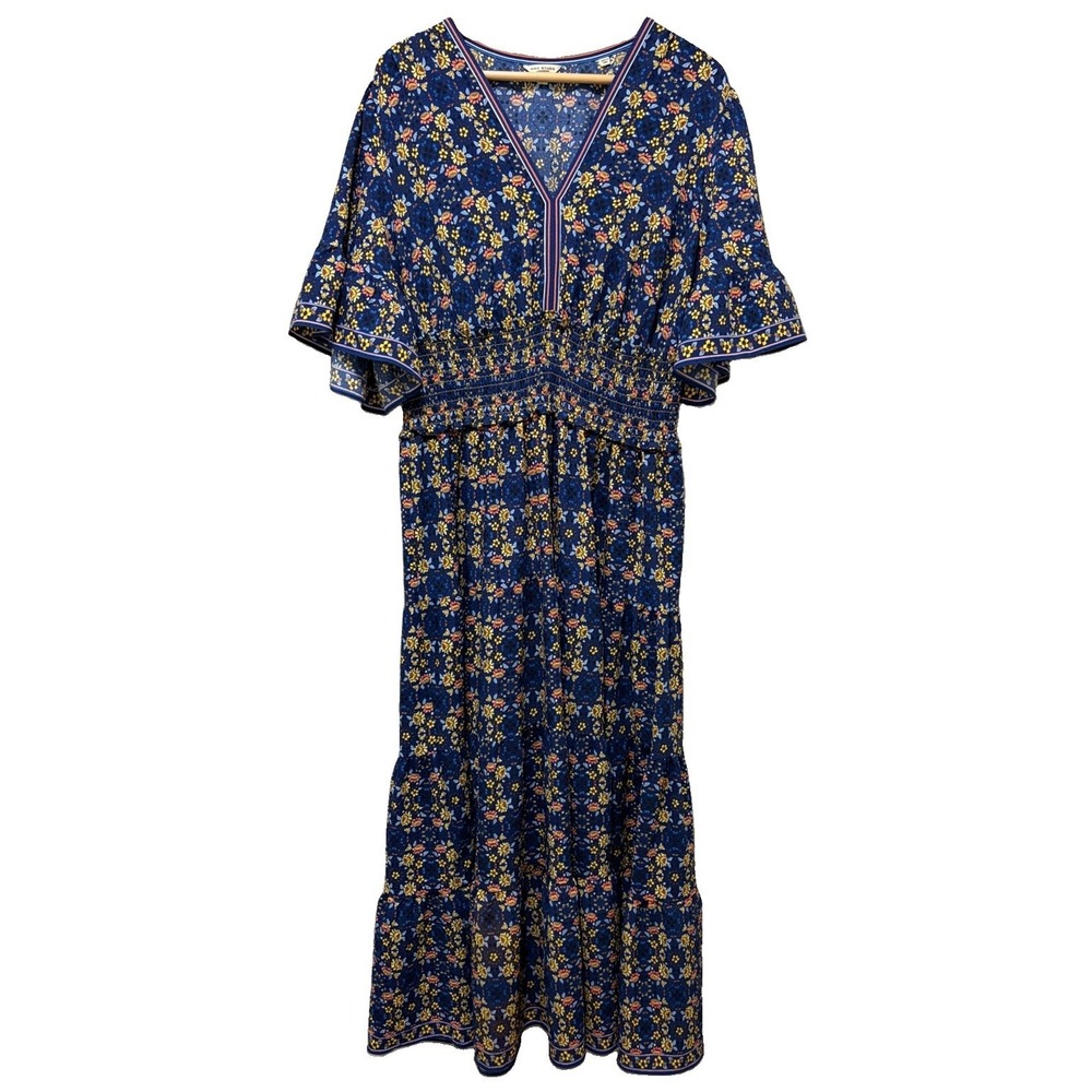 Max Studio London 1X Blue Floral Smocked Maxi Flutter Sleeve Cottagecore Boho - Picture 5 of 9